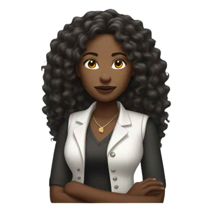 Black woman with long curly hair wearing a white vest sticker