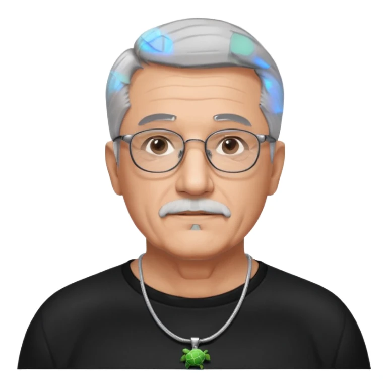 Tony Barceló is a large, strong, lively man in his 70s with short, neatly combed gray hair and a trimmed goatee. broad round face, square glasses, and a confident presence. a black outfit with a silver turtle necklace, reflecting his thoughtful, creative energy as a writer. a stubble  sticker