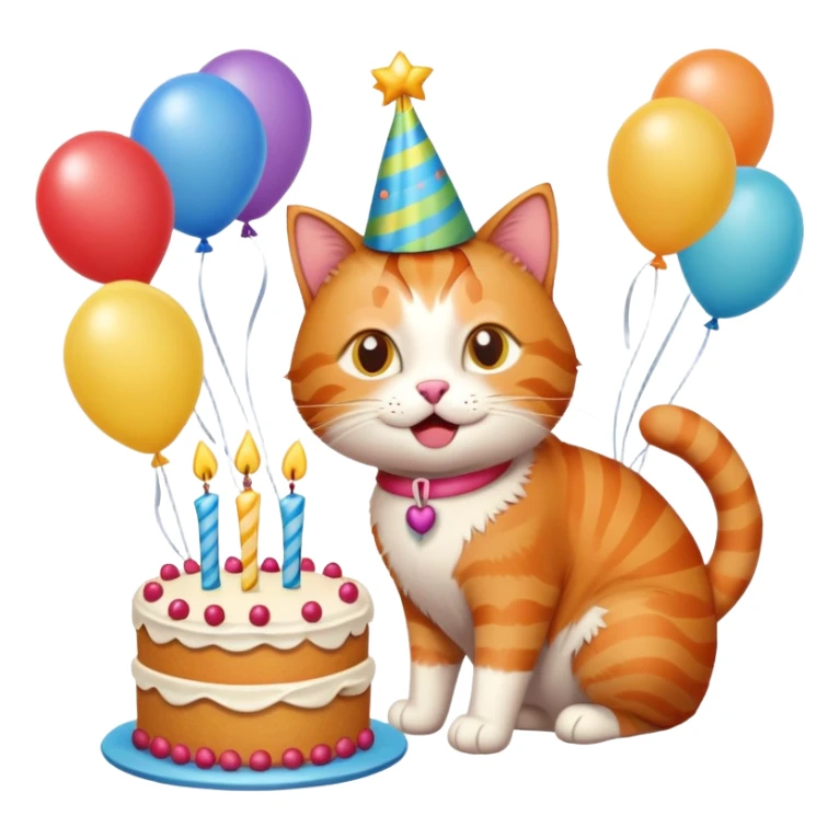 Ginger cat celebrates birthday, birthday hat, birthday cake, balloons, happy, gifts sticker
