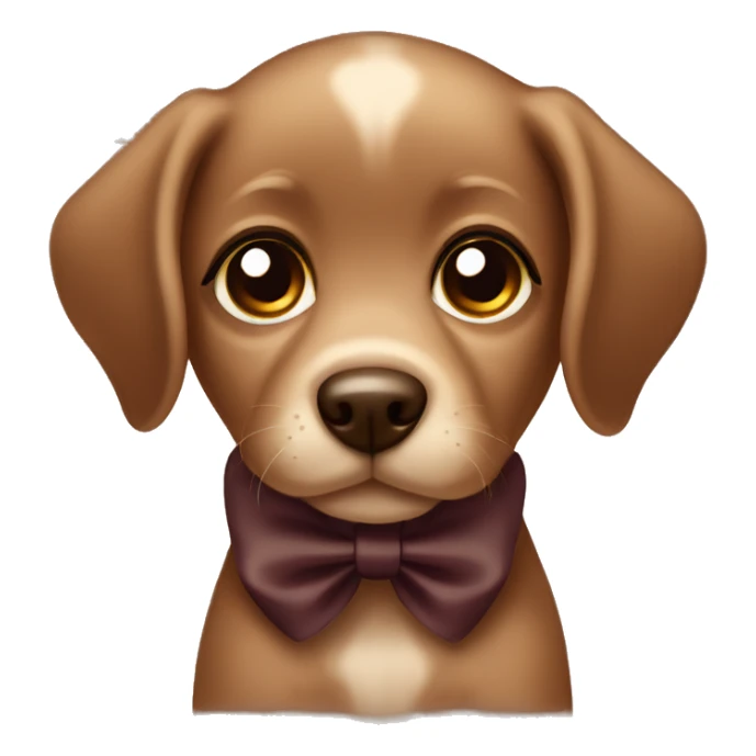 Mocha brown puppy with big eyes and a dark brown bow sticker