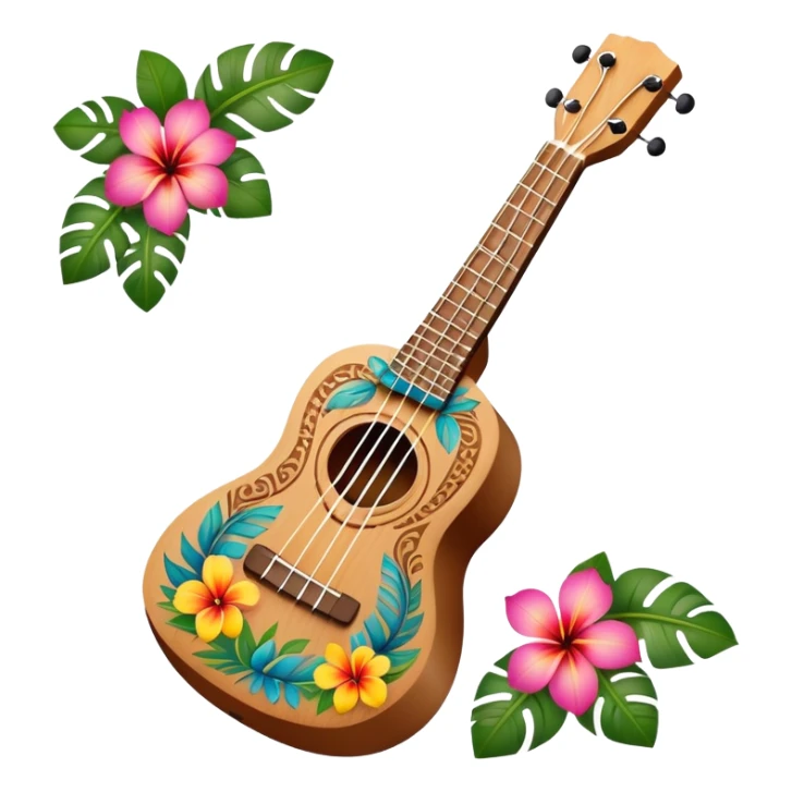 Ukulele with Polynesian carvings laying on flowers sticker