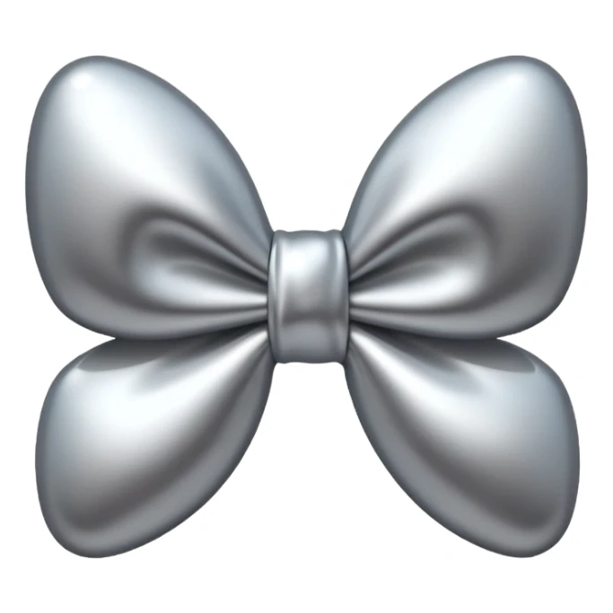 A cute bow emoji made of polished silver chrome, smooth rounded loops, glossy metallic surface, soft mirror reflections, subtle highlights, minimal and adorable proportions, iOS emoji style, centered composition, clean white background, soft studio lighting, no text, no outline, ultra high quality sticker