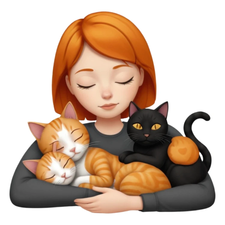 Ginger Girl short hair sleeping with two cats a black and a white bigger cat  sticker