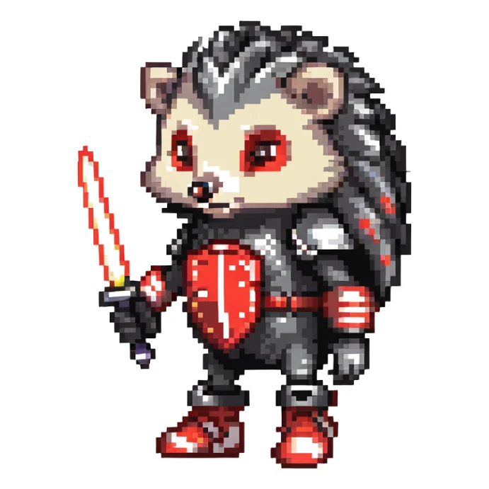 black and red hedgehog with glowing hover shoes and red stripes, standing ready for battle on metallic platforms with neon lights, dark industrial background, mysterious and edgy sticker