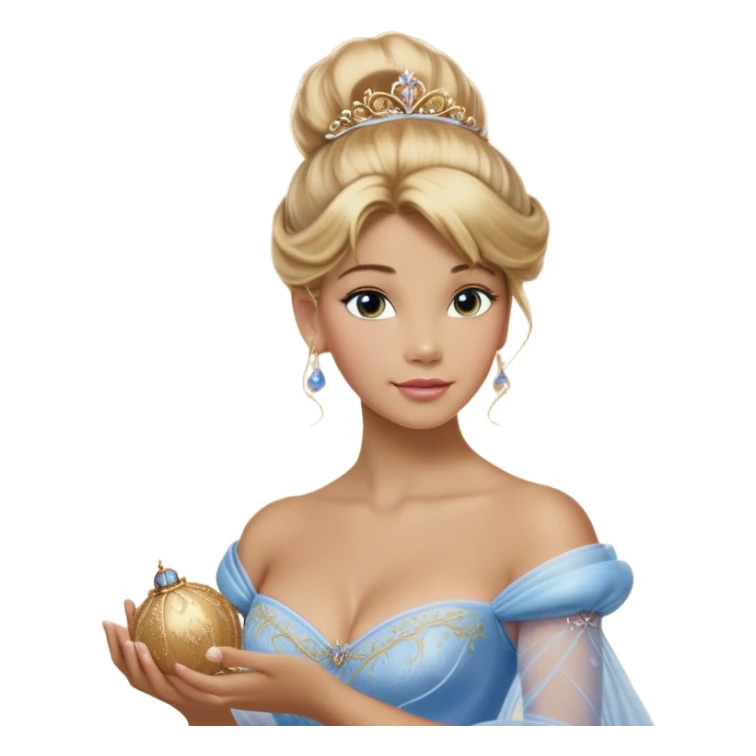 Cinematic Realistic Cinderella Portrait, depicted with lifelike skin texture, subtle rosy undertones, and soft natural lighting that enhances the gentle contours of her face. Her intricately detailed golden blonde hair is elegantly styled in an updo, with delicate wisps framing her face for added realism. Her deep, expressive blue eyes radiate warmth and sincerity, reflecting a quiet resilience and grace. She is dressed in her iconic ball gown, the fabric shimmering with intricate embroidery and fine translucent layers that catch the light beautifully. The soft sheen of satin gloves and the delicate sparkle of a glass-like slipper peeking from beneath her dress add a touch of magical realism. The portrait features an enchanting glow with a natural, luminous finish, seamlessly blending realism and fairytale charm to evoke a sense of depth, elegance, and timeless beauty. sticker