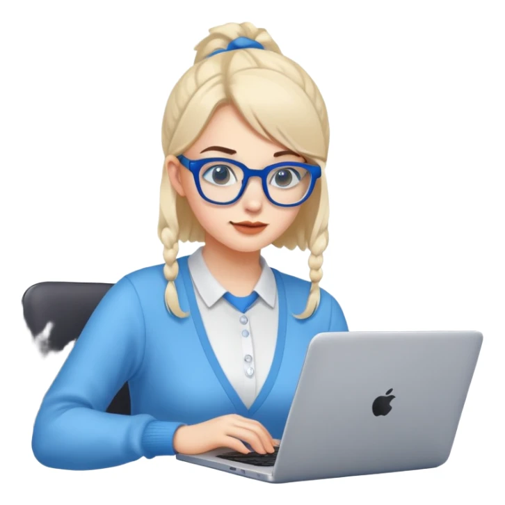 woman a nerd and an excellent student with blue glasses with laptop sticker