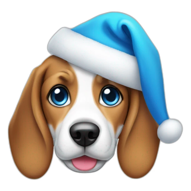 A cute beagle with very bright blue eyes wearing a santa hat sticker
