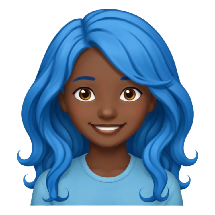 blue haired dark skinned girl with long wavy hair, smiling emoji sticker