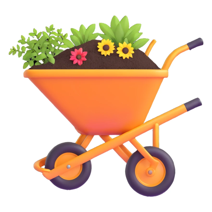 wheelbarrow with soil fertilizer and gardening tools sticker