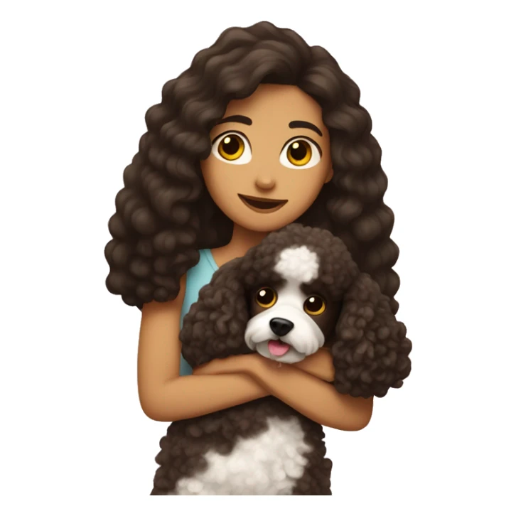 Girl with long dark brown hair hugs a poodle sticker