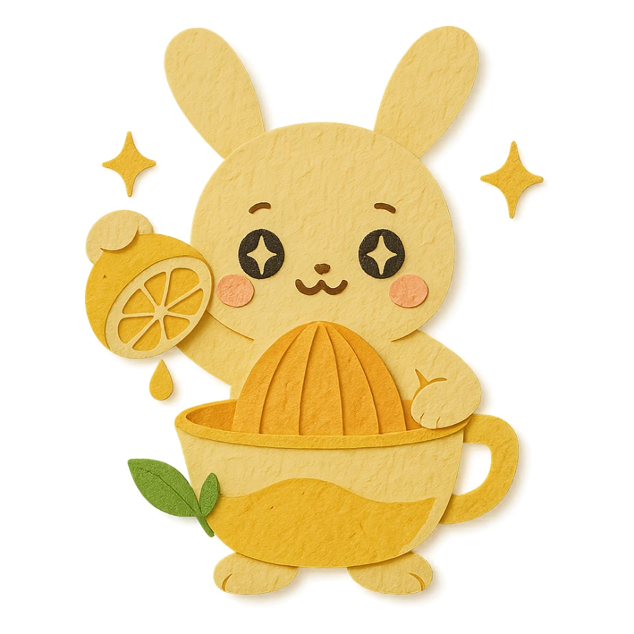 chibi citrus juicer-bunny hybrid, squeezing lemon, sparkling happy eyes, soft yellow, full-body sticker