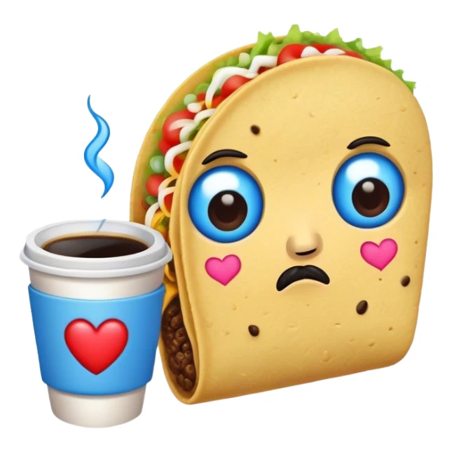 a taco with blue heart and sad face holding an coff sticker