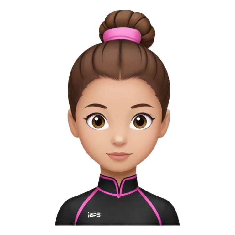 A female gymnast with brown hair in a neat bun, wearing a black uniform with pink elements. sticker
