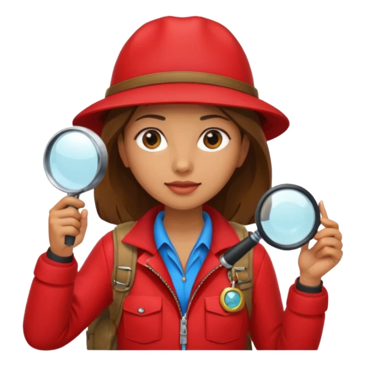 Explorer woman with red jacket backpack and magnifying glass sticker