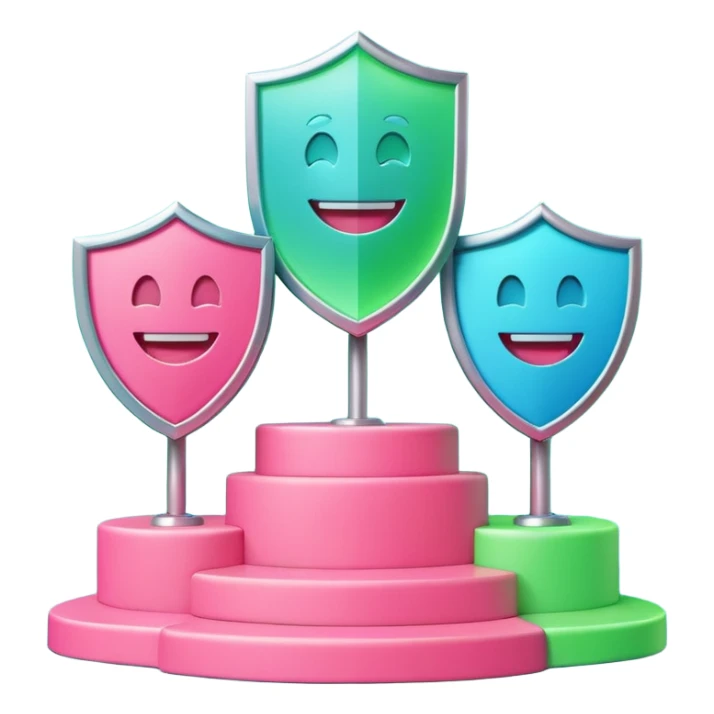 Minimalist 3D emoji-style podium with 2 steps on a green chroma key background. Step 1 (higher) features a handshake icon with blue neon glow. Step 2 (lower) features a smiling tooth with a shield icon and pink neon glow. Clean rendering, soft colors, uniform lighting. sticker