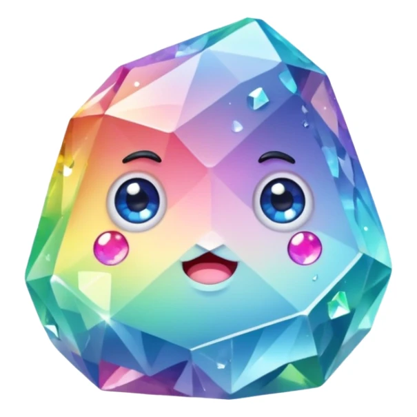 A single pastel rainbow crystal rock character, chubby and heavy with a chunky, irregular polygon shape,covered in faceted crystal planes and small chips, big glossy rainbow eyes  sticker