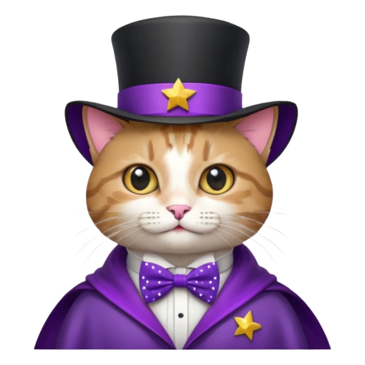 A magician cat in a top hat, a bowtie and a purple cape with stars sticker