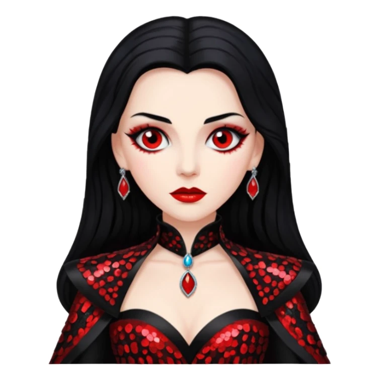 Countess Dracula from Universal Monsters with long jet black hair, black and red sequin outfit  sticker