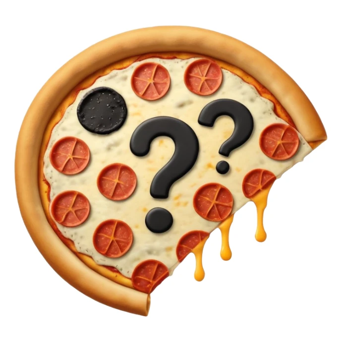 mystery pizza, black full filled in black pizza outline with a question mark on it sticker