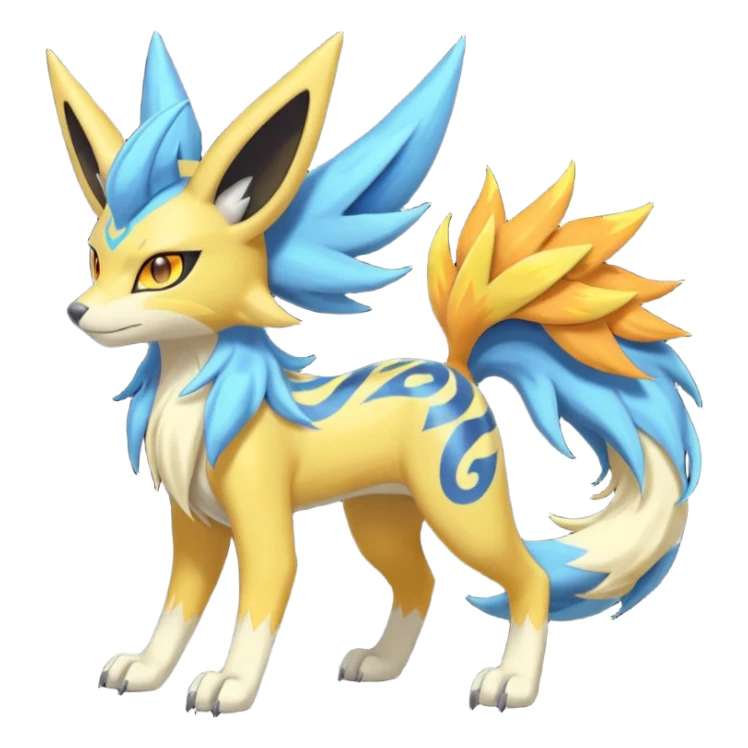 Feral Lightning-patterned Zig-zagged buzzy fuzzy Meloetta-Renamon-Zeraora-Luxray-Cobalion-Suicune-Vernid-fusion-hybrid-creature, full body  sticker