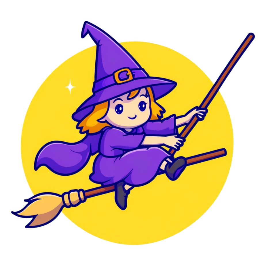 cute witch with purple hat flying on a magical broom with sparkles sticker