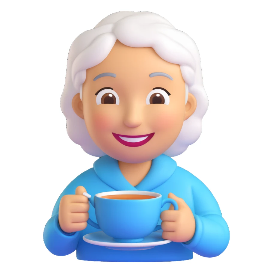 3D smiley emoji, round shape, grandmother with tea, light blue color, smiling face sticker