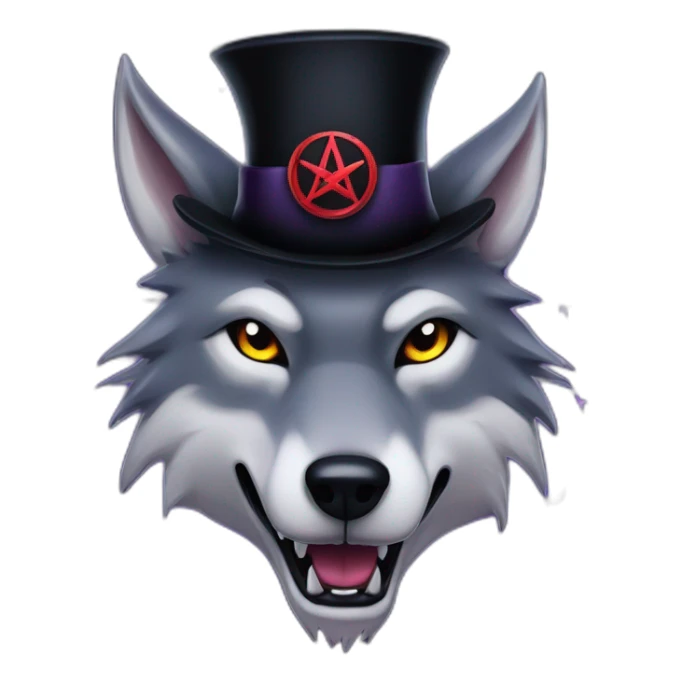 demonic wolf with a pentagram top hat and a pentagram chain with a mysterious haunting night background sticker