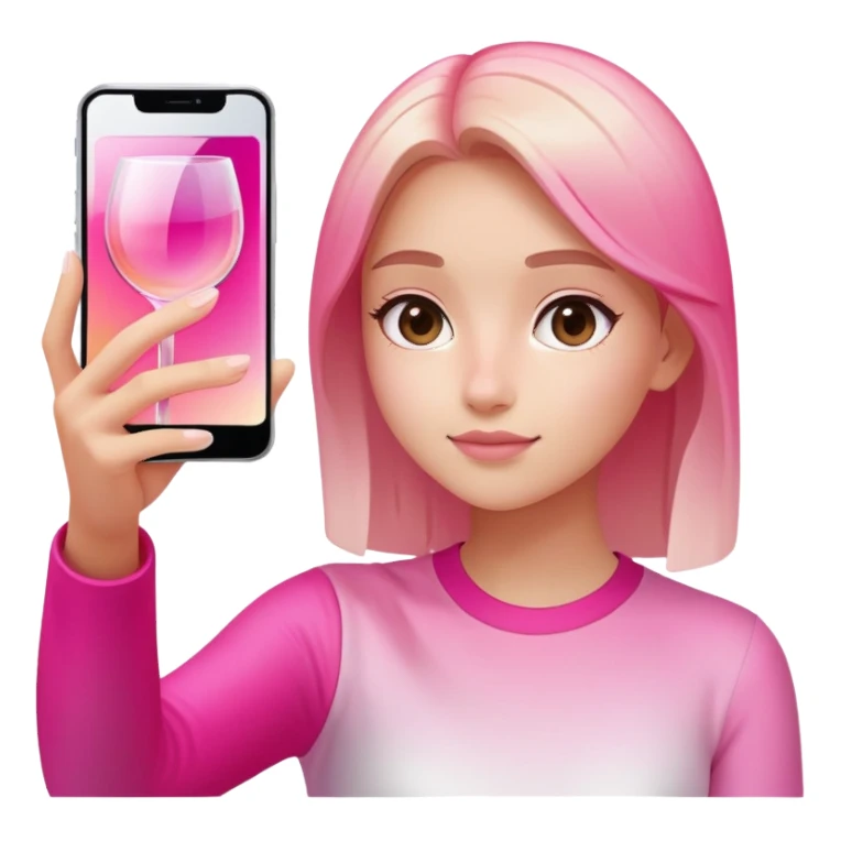 girl taking selfie, transparent glass with bright pink gradient from #FF335F to #FF99AA, highlights and reflections, minimalistic sticker