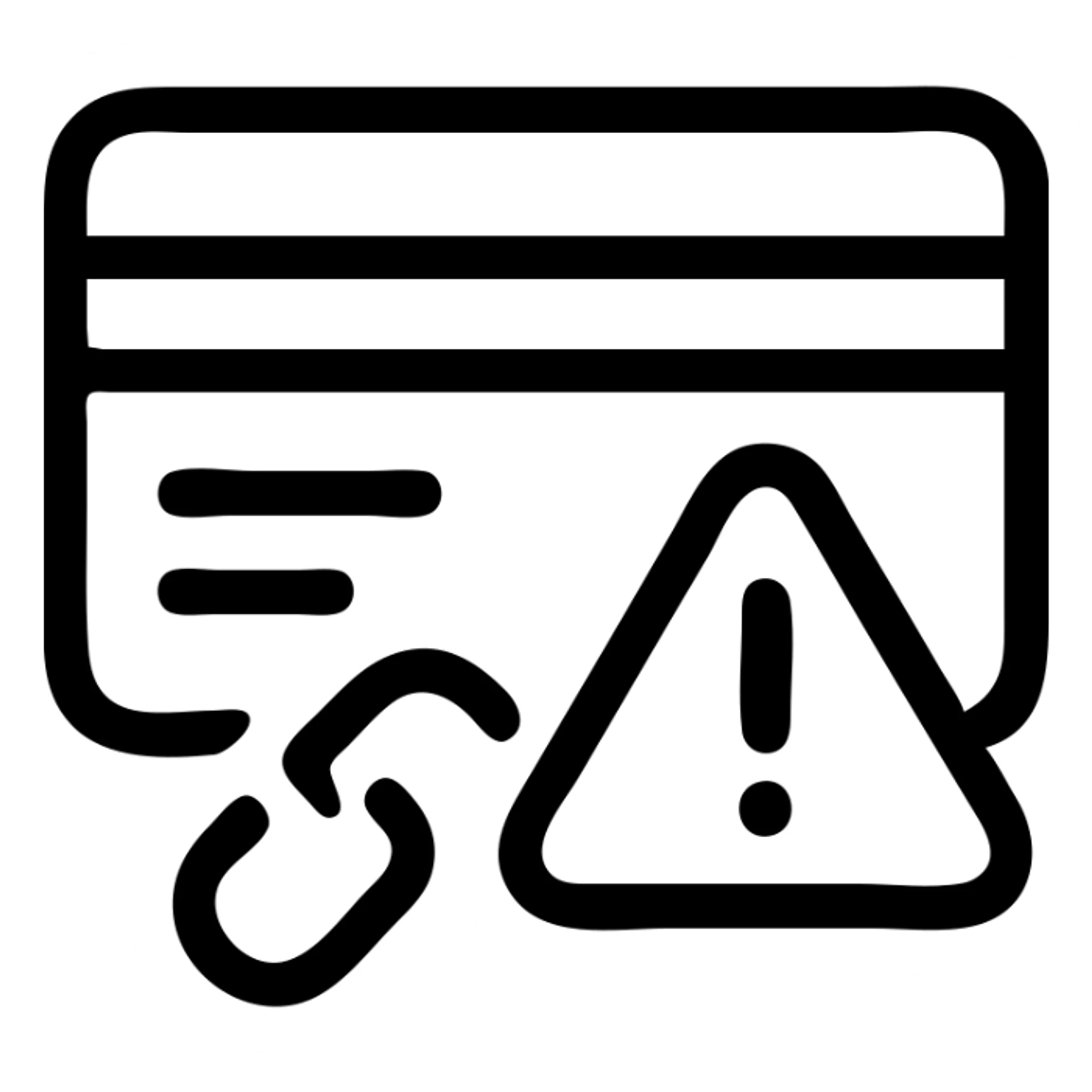 Slack emoji icon for marking a transaction where a payment vendor is down, showing a credit card or payment terminal with a warning sign (exclamation mark in a triangle) or a broken link symbol, bold, simple, readable at small size sticker