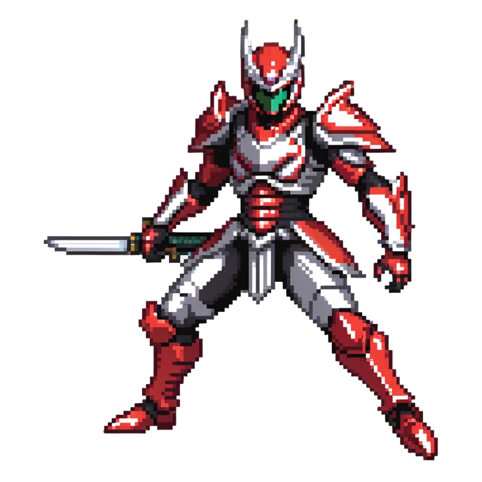 Kamen Rider Ryuki in full red and silver armor with black underlayers, silver dragon-themed helmet with sharp visor slits, intricate scale-like paneling, in a defensive yet ready pose, facing a lunging mirror monster sticker