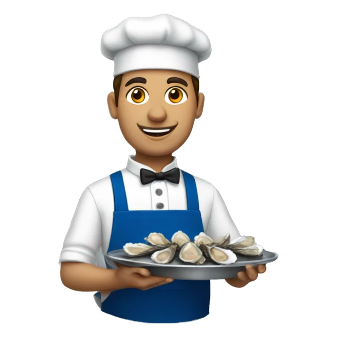 waiter in a blue apron holding oysters sticker