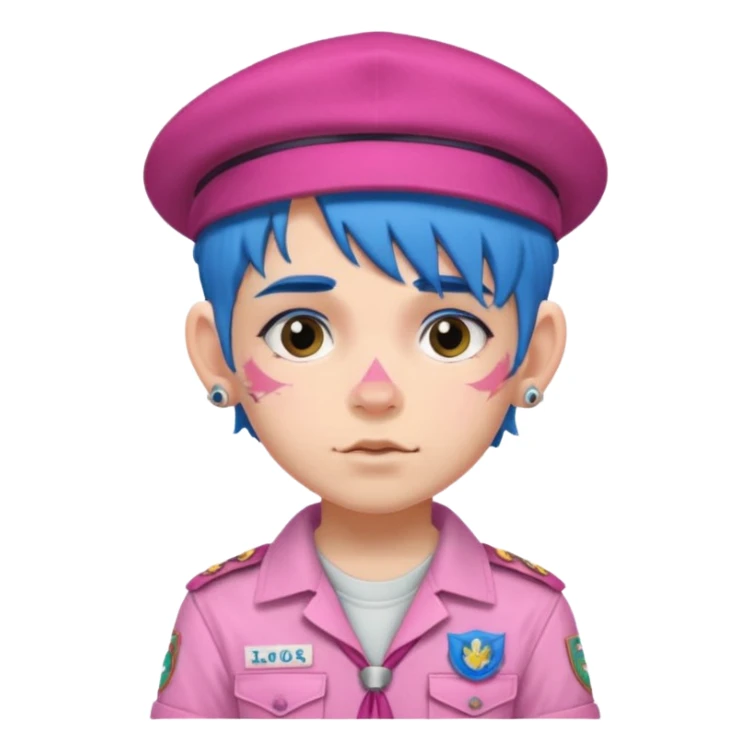 scout boy with very pink scout uniform, blue haired and hat, heavy face attoed sticker