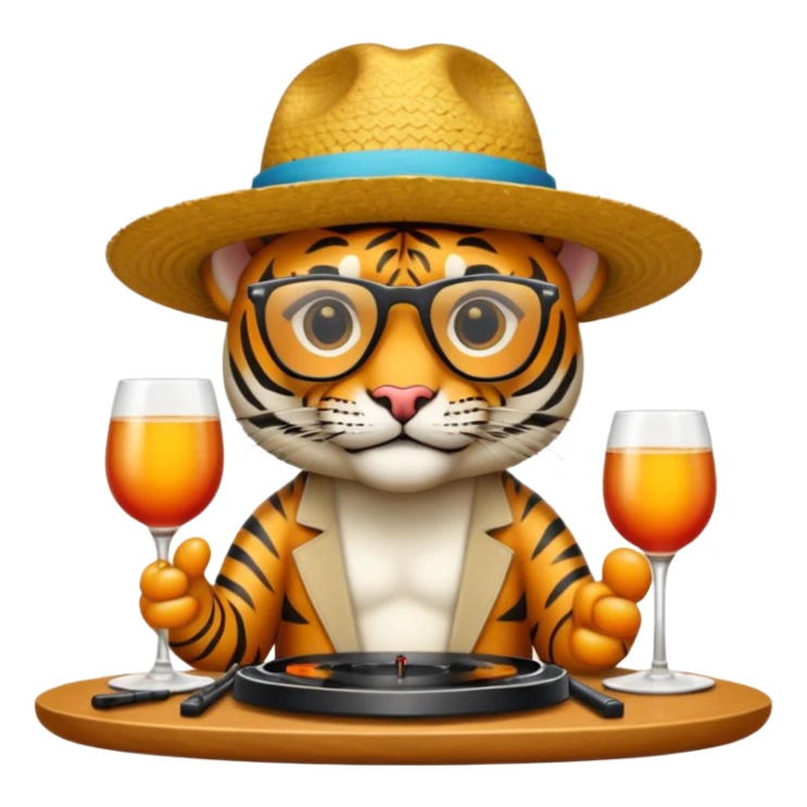 Un tigre con sombrero estilo cubano, una mesa de dj y gafas de sol sticker