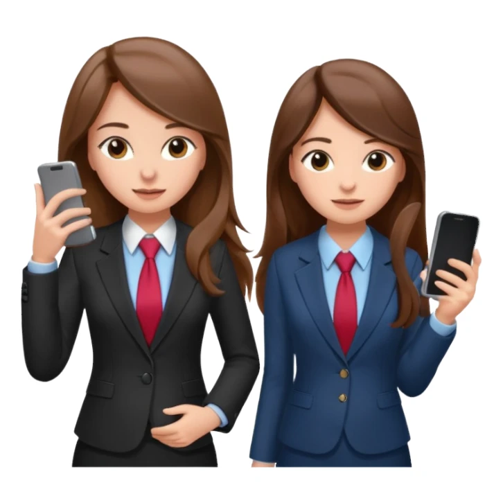 two brown haired girls, looking professional maybe leaned back on back and looking forward and using phones, with longer hair and with some cute clothes sticker