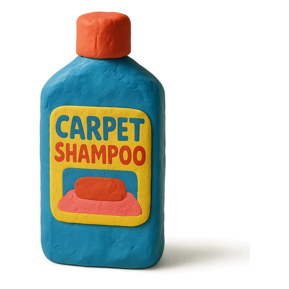 bottle of carpet shampoo with bright label and visible fingerprints, claymation style sticker