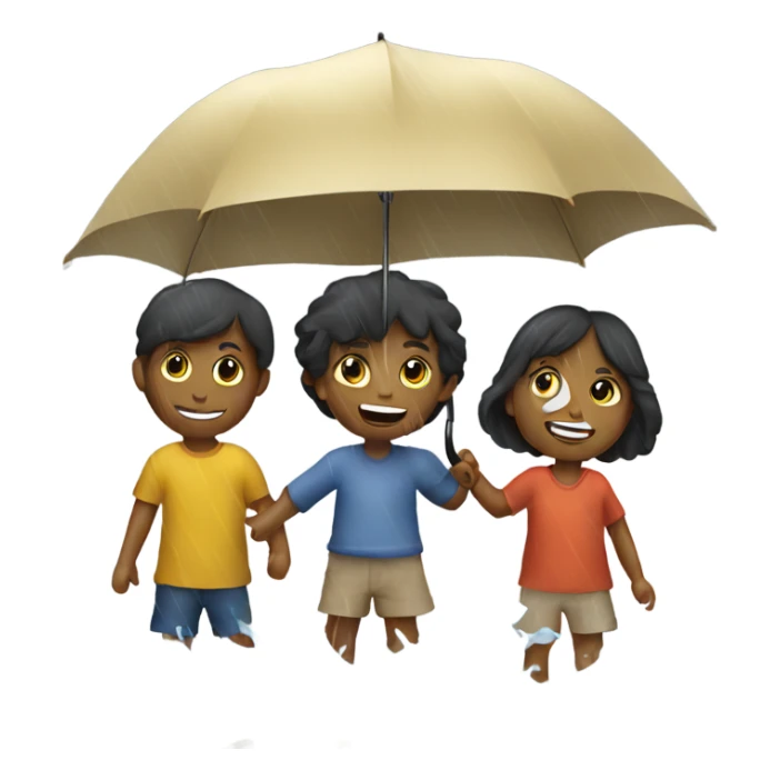 3 kids with a umbrella playing with a paper ship in the rain sticker