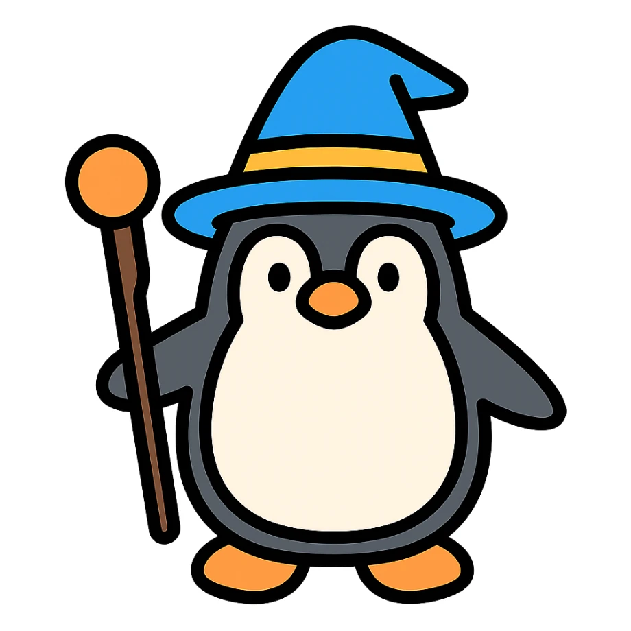 penguin wizard with a staff and wizard hat, color outline icon sticker