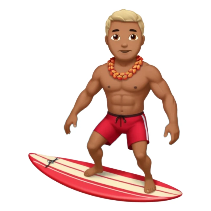 Dark muscular 45 year old man with red shorts and shell lei surfing sticker