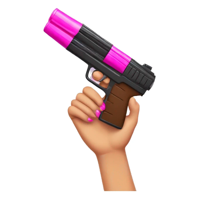 brown hand with pink nails holding large scary dark nerf gun sticker