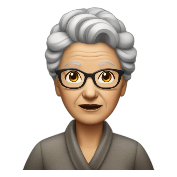 An elderly woman with raised eyebrows and a dissatisfied face. She has dark hair that is pulled back into a bun, and she also wears cat-like glasses. sticker