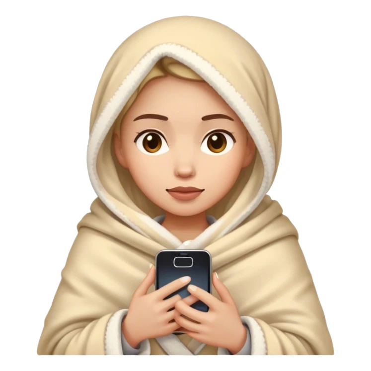 Hyper-realistic woman wrapped in a soft, cozy blanket, holding a smartphone, expressive face, warm lighting, high-quality emoji style sticker