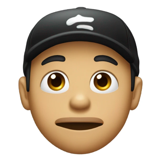 lip bite, squinting eyes, raised eyebrows, rubbing hands together, black cap sticker