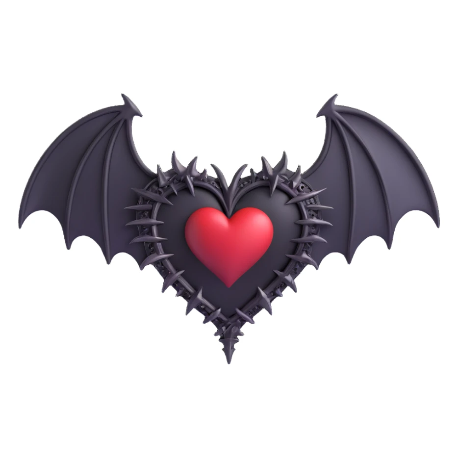 black gothic heart with metallic spikes and small gothic bat wings, ornate, dark, elegant sticker
