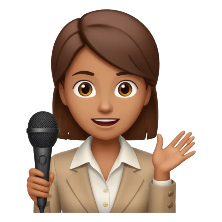 a office woman presenting her idea with microphone stop smiling and got scared with disappointed face
 sticker
