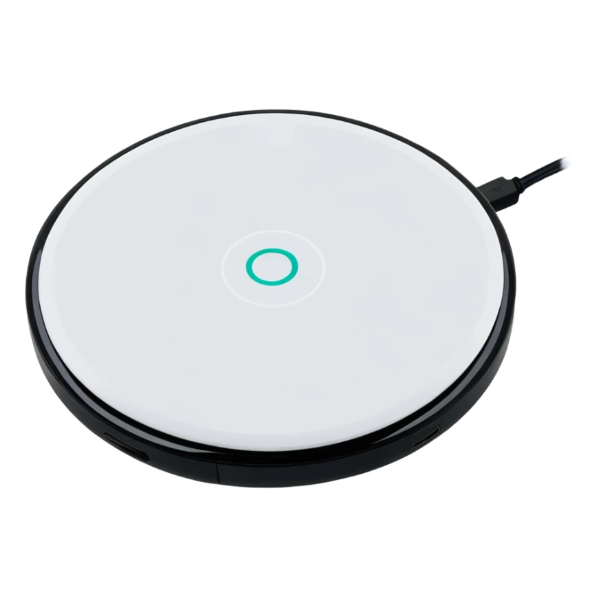 vibrant sticker-style logo on a wireless charging pad, bold and colorful branding gadget sticker