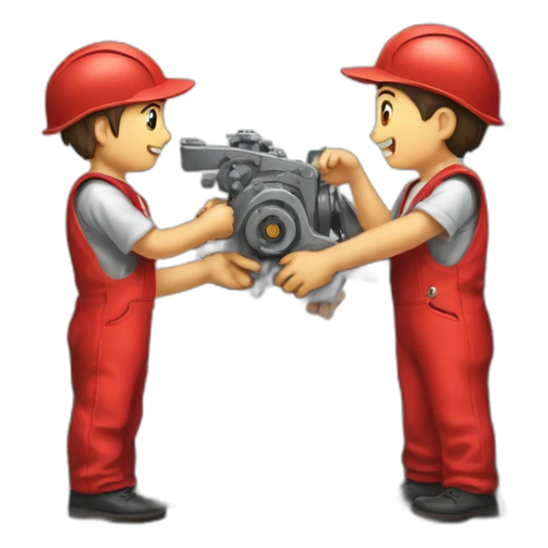 a team of two boys disassembling industrial machinery in red uniforms with an S drawn as a logo sticker