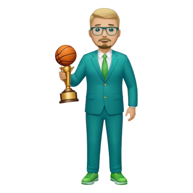 Full Body white plus size man  wearing glasses with a goatee with dirty blond short hair basketball head Coach in blue and green suit holding trophy sticker