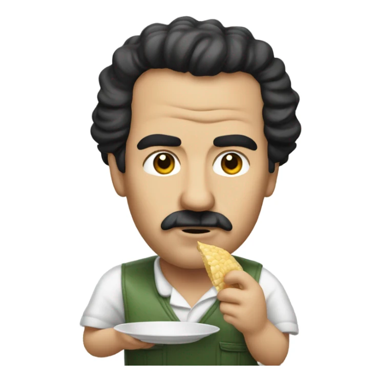 a guy with big forhead looking like Pablo scowar is eating  sticker