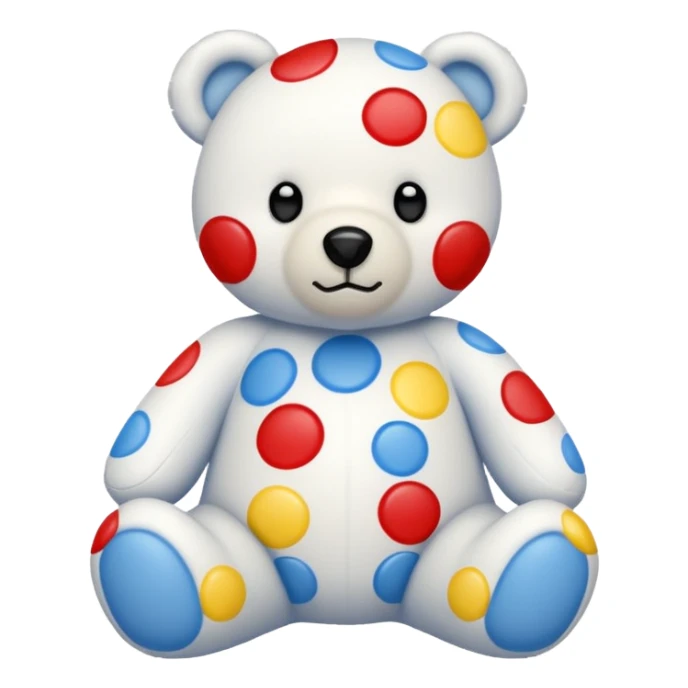 White teddy bear covered with blue, red and yellow spots sticker