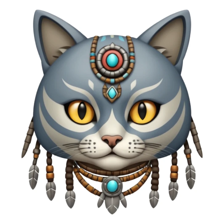 cat, wear tribal shaman cloth, half face robot sticker
